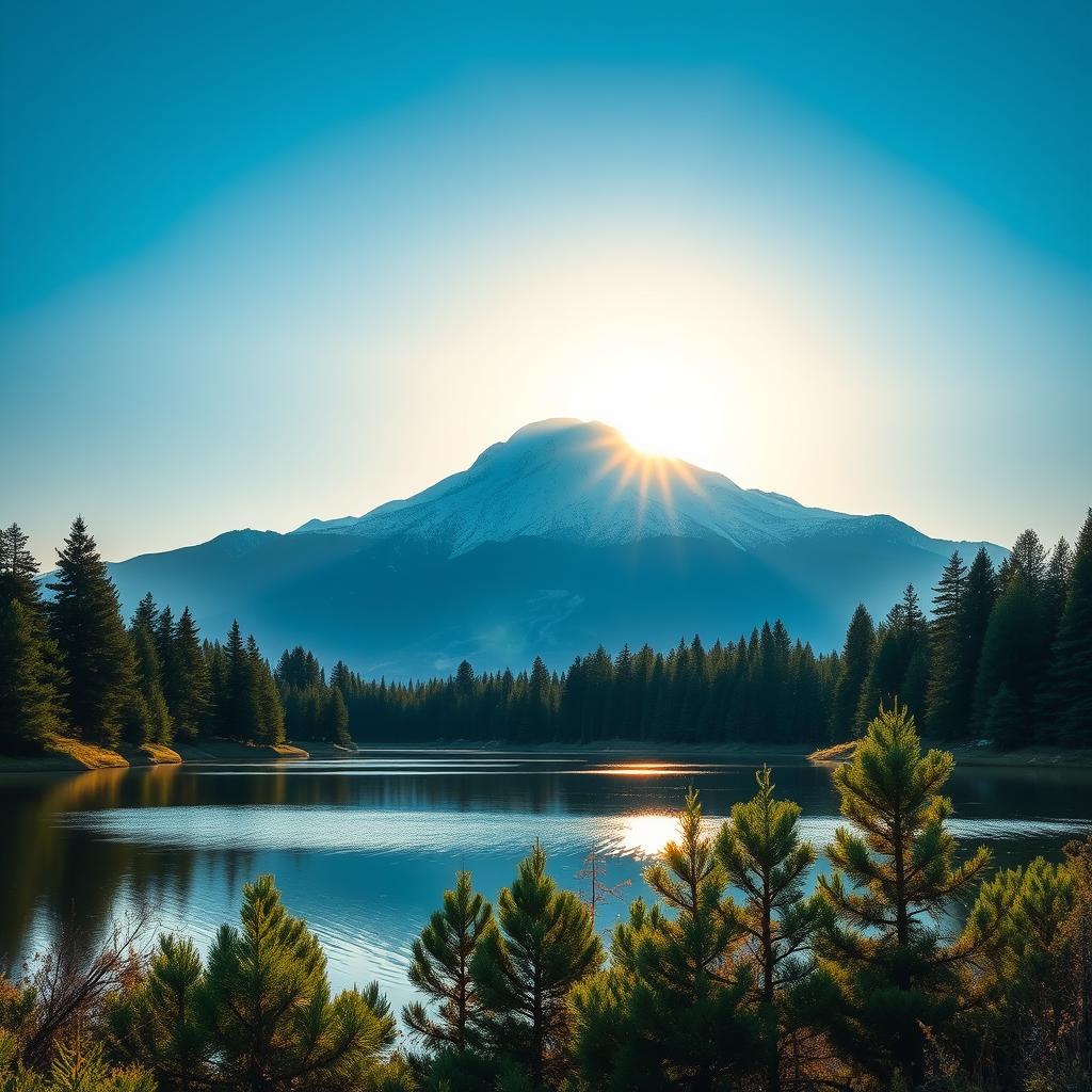 A serene landscape featuring a snow-capped mountain under a clear blue sky