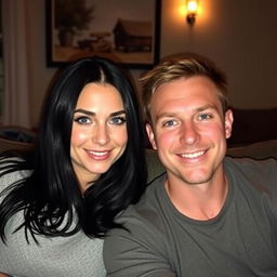 A couple sitting together, the woman has long black hair and striking blue eyes, while the man has expressive blue eyes and short brown hair