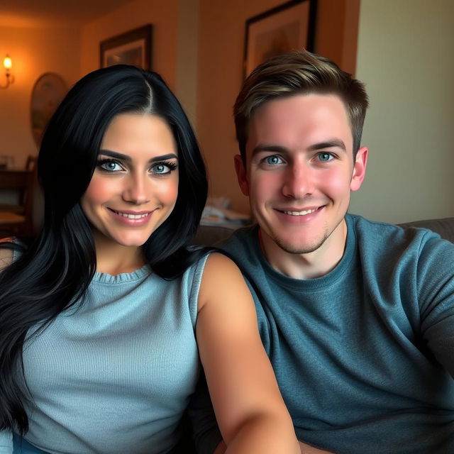 A couple sitting together, the woman has long black hair and striking blue eyes, while the man has expressive blue eyes and short brown hair