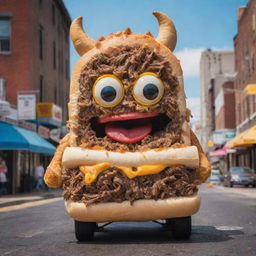 A whimsical monster made entirely of scrumptious cheesesteak elements, with a vibrant background that celebrated the essence of Philadelphia street food.