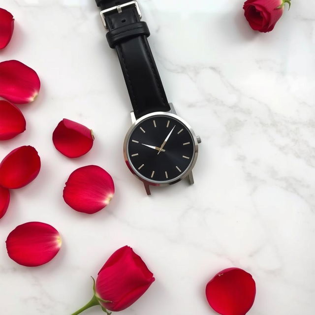 A stylish and sleek modern wristwatch lying on a marble countertop