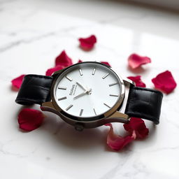 A stylish and sleek modern wristwatch lying on a marble countertop