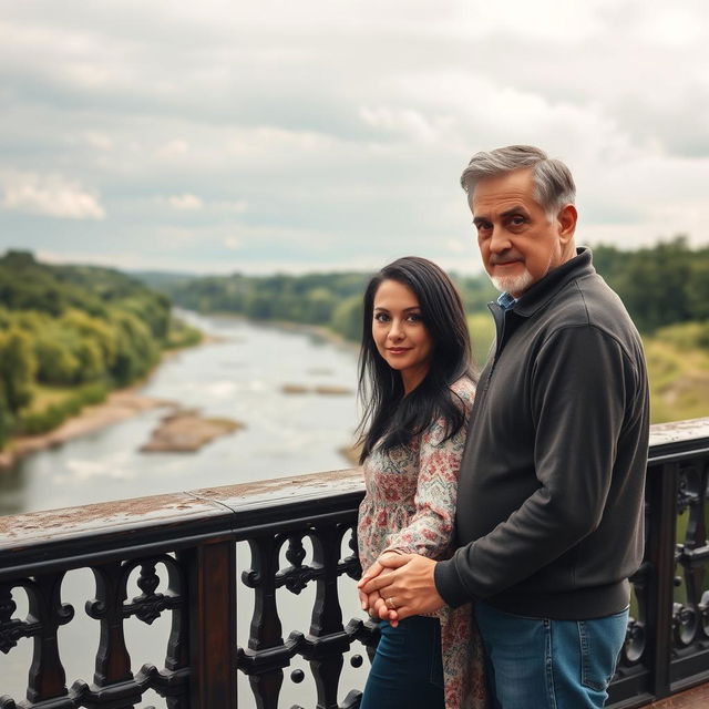 A couple standing on a picturesque bridge