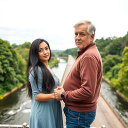 A couple standing on a picturesque bridge