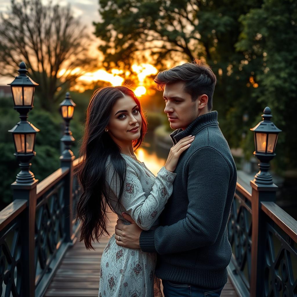 A romantic couple standing on a charming bridge