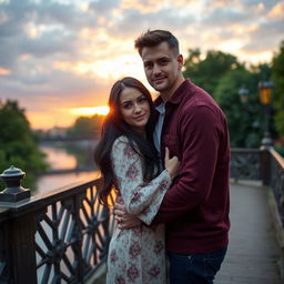 A romantic couple standing on a charming bridge