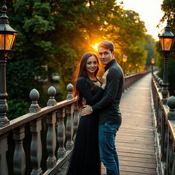 A romantic couple standing on a charming bridge