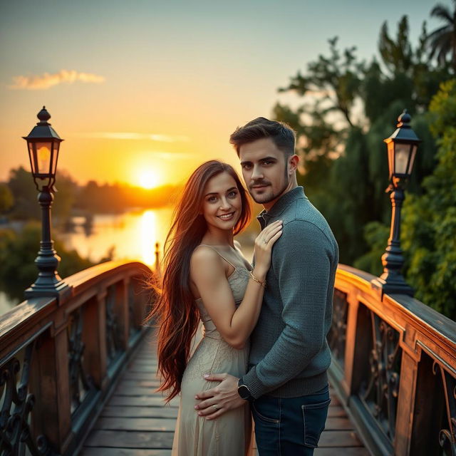 A romantic couple standing on a charming bridge