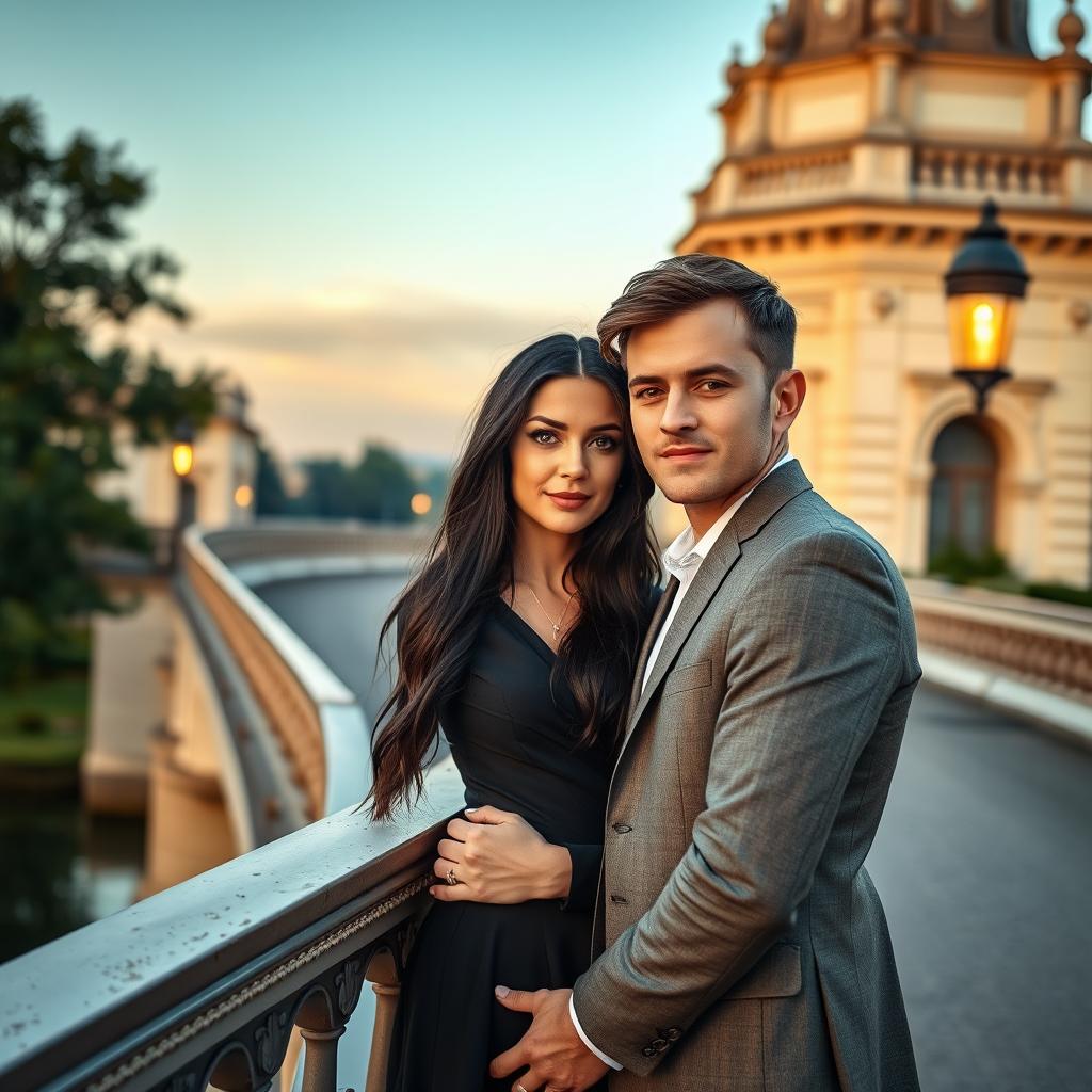 A romantic couple standing on an elegant bridge