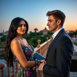 A romantic couple standing on an elegant bridge