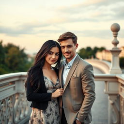 A romantic couple standing on an elegant bridge