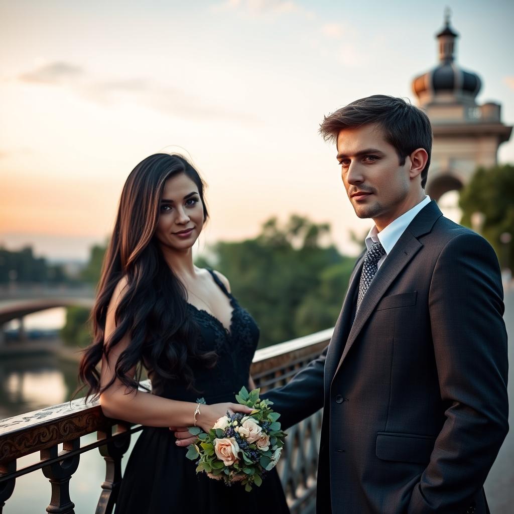 A romantic couple standing on an elegant bridge