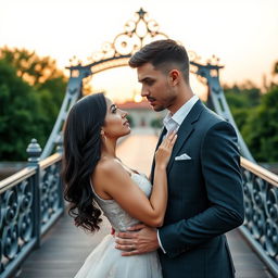 A romantic scene on a picturesque bridge showcasing a couple in love