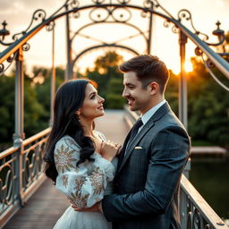 A romantic scene on a picturesque bridge showcasing a couple in love