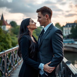 A romantic scene on a picturesque bridge showcasing a couple in love