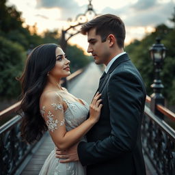 A romantic scene on a picturesque bridge showcasing a couple in love