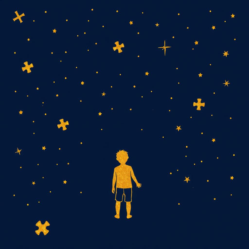 A navy blue background illustration featuring a starry sky where both the stars and figures are depicted in fine golden lines