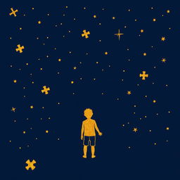 A navy blue background illustration featuring a starry sky where both the stars and figures are depicted in fine golden lines