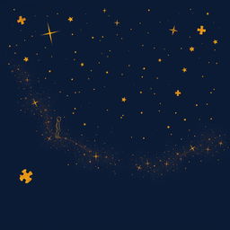 A navy blue background illustration featuring a starry sky where both the stars and figures are depicted in fine golden lines