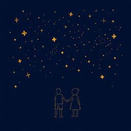 A navy blue background illustration featuring a starry sky where both the stars and figures are depicted in fine golden lines