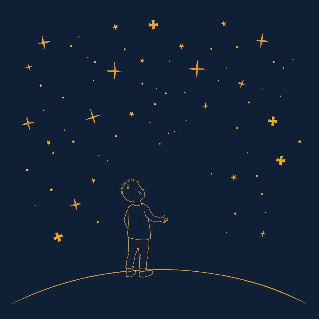 A navy blue background illustration featuring a starry sky where both the stars and figures are depicted in fine golden lines