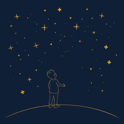 A navy blue background illustration featuring a starry sky where both the stars and figures are depicted in fine golden lines