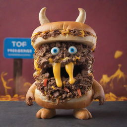 A whimsical monster made entirely of scrumptious cheesesteak elements, with a vibrant background that celebrated the essence of Philadelphia street food.