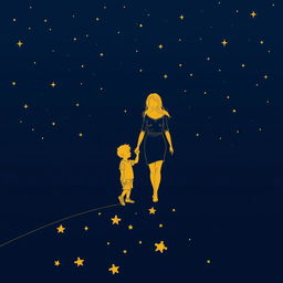 A navy blue background with a starry sky, where the stars and figures are depicted in fine golden line art