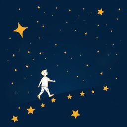 A navy blue background with a starry sky, where the stars and figures are depicted in fine golden line art