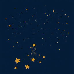 A navy blue background with a starry sky, where the stars and figures are depicted in fine golden line art