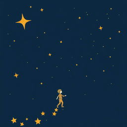 A navy blue background with a starry sky, where the stars and figures are depicted in fine golden line art