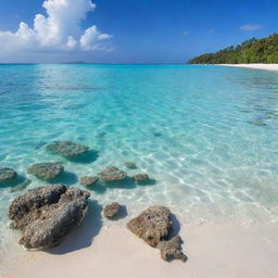 A serene seascape featuring a white sandy beach, clear, clean sea, and vibrant crystal coral reefs.