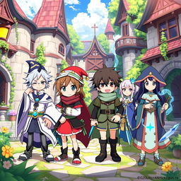 A vibrant and cheerful scene featuring characters inspired by "KonoSuba: God's Blessing on This Wonderful World!" anime