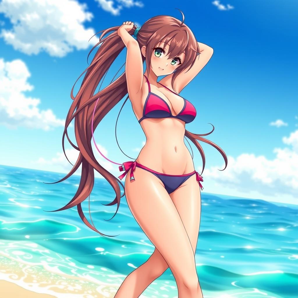 A sexy anime girl wearing a beautifully designed bikini, standing in a beach setting