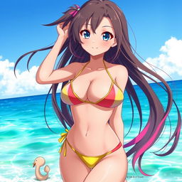 A sexy anime girl wearing a beautifully designed bikini, standing in a beach setting