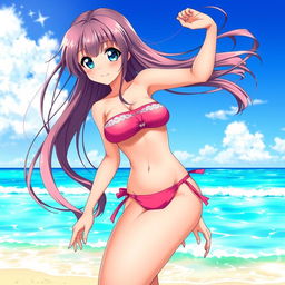 A sexy anime girl wearing a beautifully designed bikini, standing in a beach setting