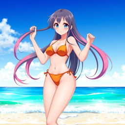 A sexy anime girl wearing a beautifully designed bikini, standing in a beach setting