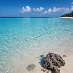 A serene seascape featuring a white sandy beach, clear, clean sea, and vibrant crystal coral reefs.