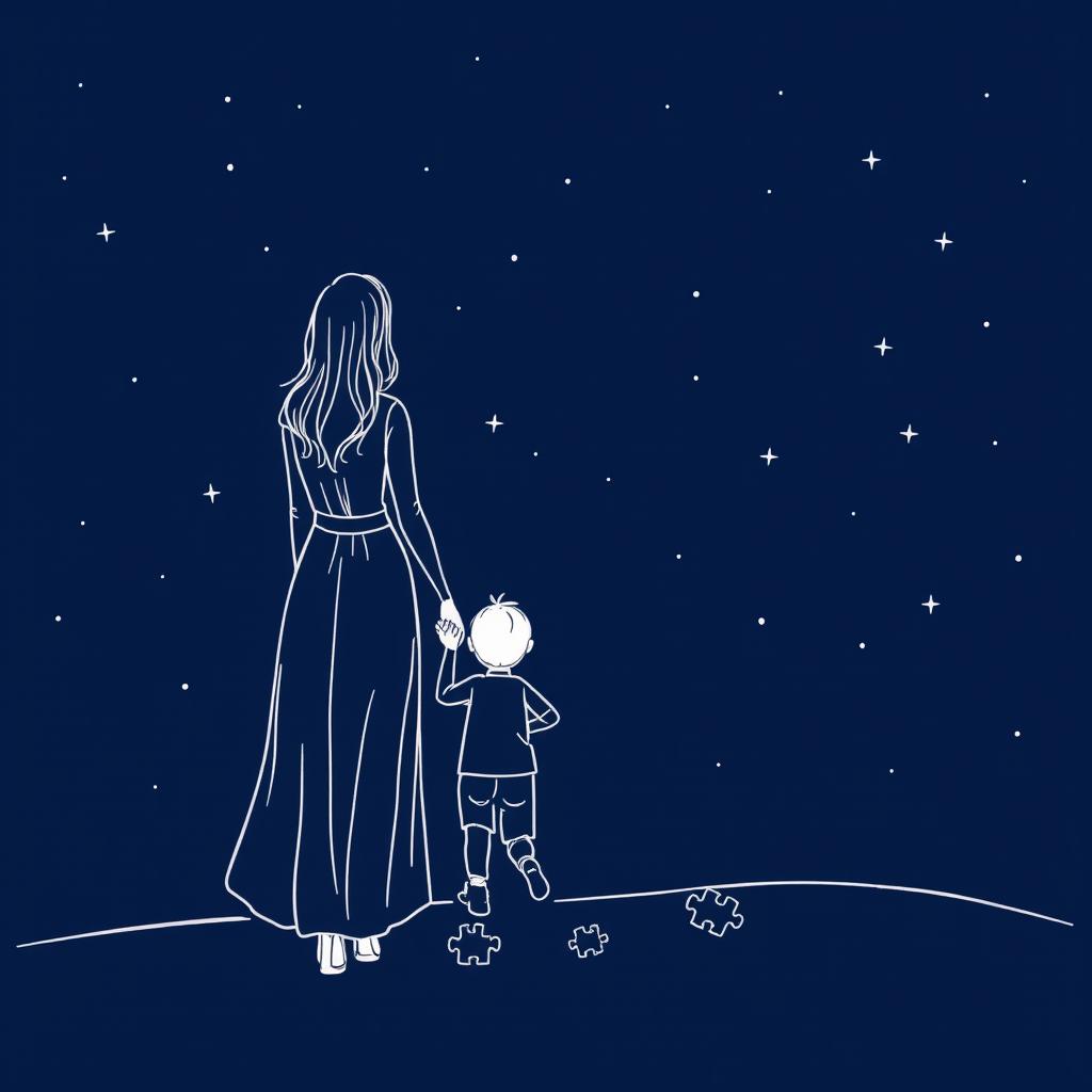 A navy blue starry background with discreet puzzle pieces, depicting a mother and her son holding hands, viewed from behind while looking at the stars