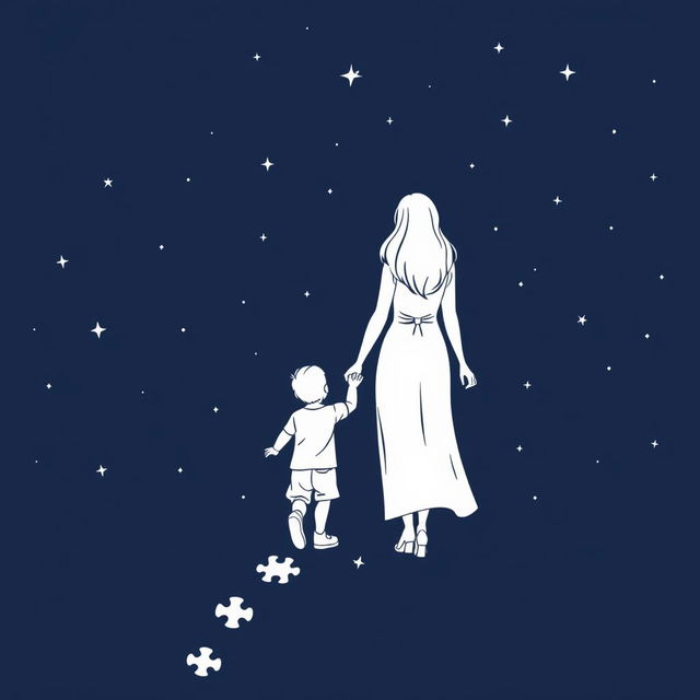 A navy blue starry background with discreet puzzle pieces, depicting a mother and her son holding hands, viewed from behind while looking at the stars