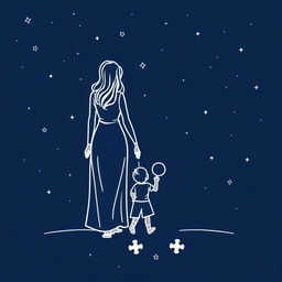 A navy blue starry background with discreet puzzle pieces, depicting a mother and her son holding hands, viewed from behind while looking at the stars