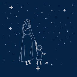 A navy blue starry background with discreet puzzle pieces, depicting a mother and her son holding hands, viewed from behind while looking at the stars