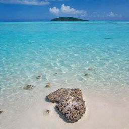 A serene seascape featuring a white sandy beach, clear, clean sea, and vibrant crystal coral reefs.