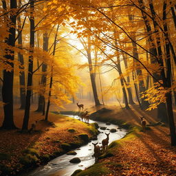 A serene autumn forest scene with golden leaves falling gently from the trees