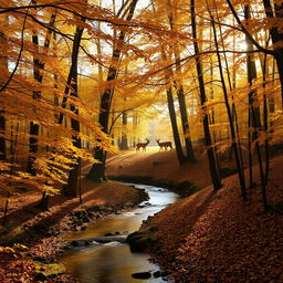 A serene autumn forest scene with golden leaves falling gently from the trees