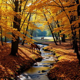 A serene autumn forest scene with golden leaves falling gently from the trees