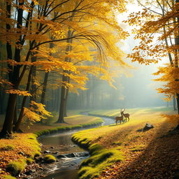 A serene autumn forest scene with golden leaves falling gently from the trees