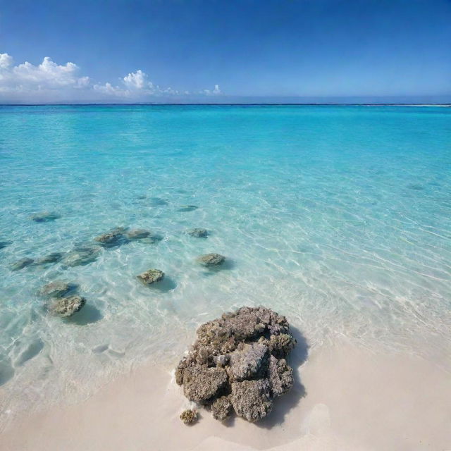 A serene seascape featuring a white sandy beach, clear, clean sea, and vibrant crystal coral reefs.