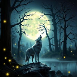 A fantasy scene featuring a glowing full moon illuminating a mystical forest with ancient, towering trees