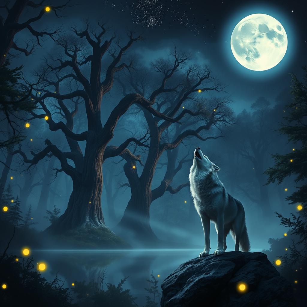 A fantasy scene featuring a glowing full moon illuminating a mystical forest with ancient, towering trees